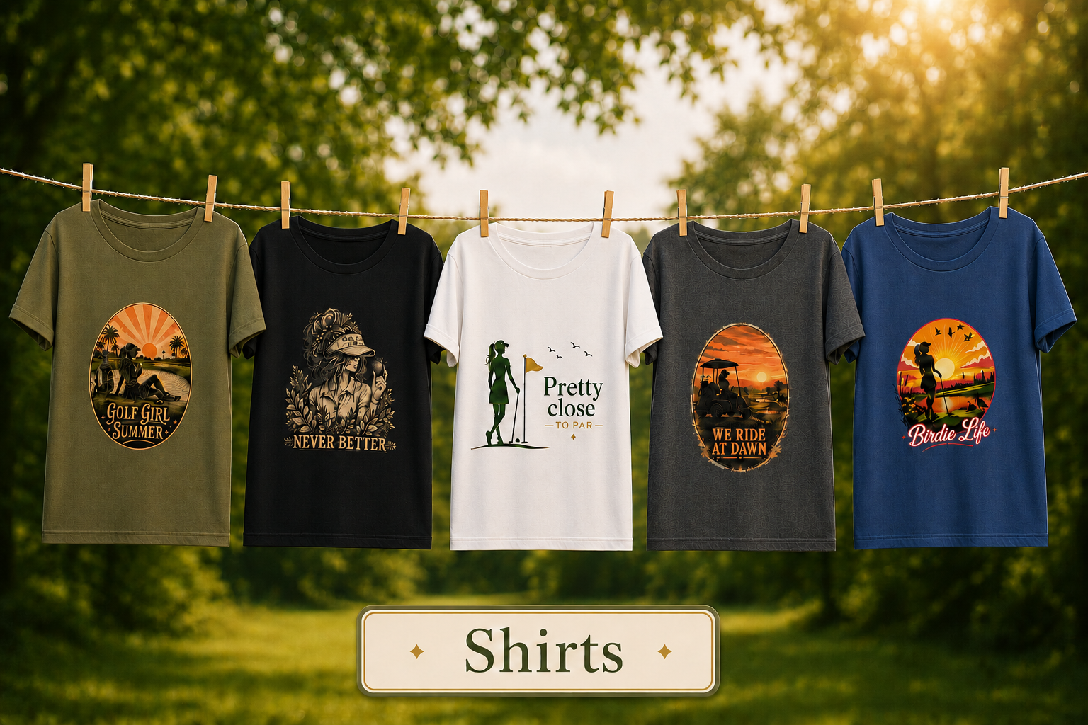 Shirts collection - five golf-themed t-shirts hanging on a clothesline