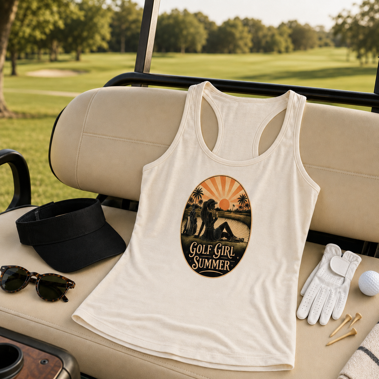 Golf Girl Summer Racerback Tank Top – Vintage Sunset Golfing Graphic